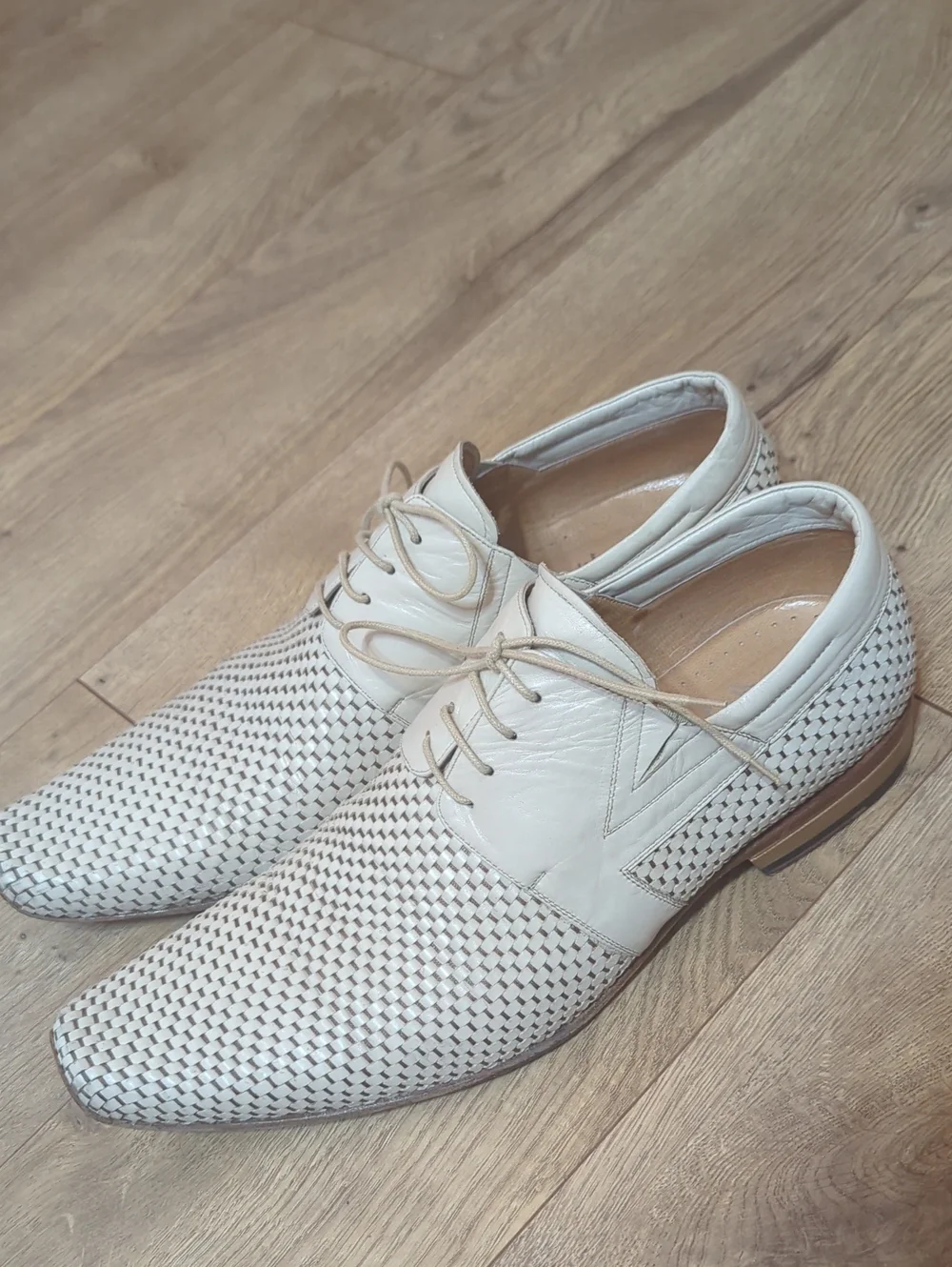 Armos Handcrafted Armenia Men's Woven Lace-Up Dress All Leather Shoes  Cream 43